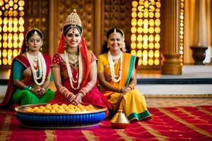 three women in traditional indian attire sitting on a rug. AI-Generated photo