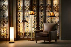 a chair and lamp in front of a wall with a wooden panel. AI-Generated photo