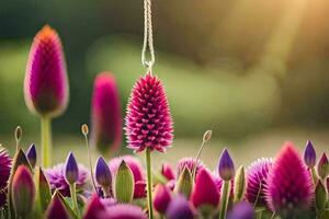 a necklace hanging from a flower in the sun. AI-Generated photo