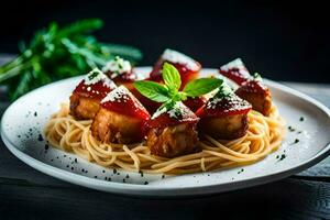 spaghetti with meatballs and tomato sauce on a white plate. AI-Generated photo