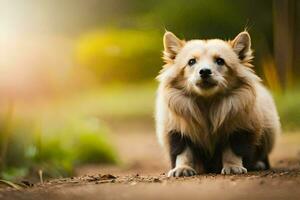 un pequeño perro es en pie en un suciedad la carretera. generado por ai foto