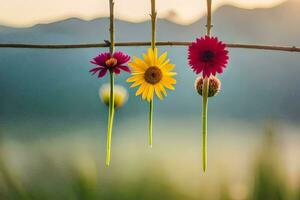 cuatro flores colgando desde un cable. generado por ai foto