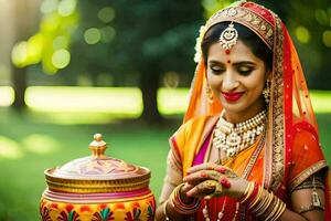 a beautiful indian bride in traditional attire holding a pot. AI-Generated photo