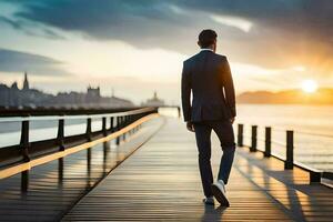 a man in a suit walks along a pier at sunset. AI-Generated photo