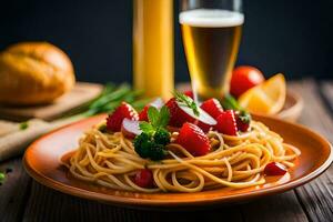 spaghetti with strawberries and broccoli on a plate. AI-Generated photo