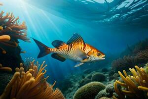 un pescado nadando en el Oceano con un anémona. generado por ai foto