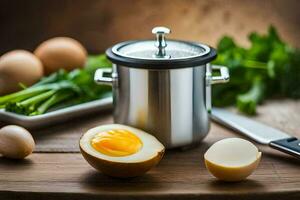 an egg and a pot of boiling water. AI-Generated photo