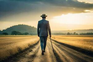 a man in a suit and hat walking down a dirt road. AI-Generated photo