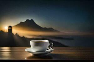 a cup of coffee on a table in front of a mountain. AI-Generated photo