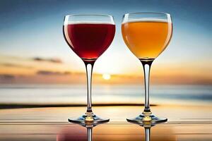 two glasses of wine with sunset in the background. AI-Generated photo