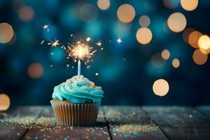 Photo birthday cupcake with candel sparkle background generative ai