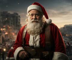 Santa Claus against the backdrop of destroy city. Christmas and New Year holidays in a country where there is war. AI generative photo