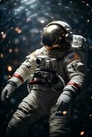 Astronaut spaceman floating in outer space. Science fiction theme. World Astronaut Day. AI generative photo