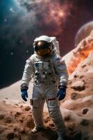 Astronaut spaceman on the space landscape. Space and universe exploration concept. AI generative photo