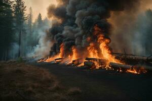 Forest fire. Grass and trees are burning. Fire and smoke. Ecological catastrophe. AI generative photo