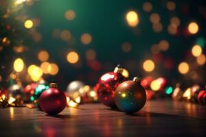 Table with christmas decorations on defocused bokeh background. Christmas and New Year celebration. Place for your text. AI generative photo