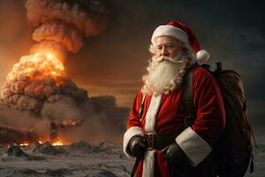 Papa Noel claus en contra el fondo de nuclear explosión o cohete explosión. Navidad y nuevo año Días festivos en un país dónde allí es guerra. ai generativo foto