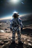 Astronaut spaceman on the space landscape. Space and universe exploration concept. AI generative photo