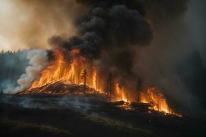 Forest fire. Grass and trees are burning. Fire and smoke. Ecological catastrophe. AI generative photo