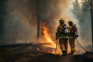 Firefighters extinguish a forest fire. Brave people doing dangerous work. AI generative photo