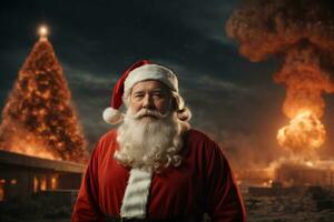 Papa Noel claus en contra el fondo de nuclear explosión o cohete explosión. Navidad y nuevo año Días festivos en un país dónde allí es guerra. ai generativo foto