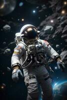 Astronaut spaceman floating in outer space. Science fiction theme. World Astronaut Day. AI generative photo