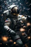 Astronaut spaceman floating in outer space. Science fiction theme. World Astronaut Day. AI generative photo