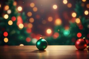 Table with christmas decorations on defocused bokeh background. Christmas and New Year celebration. Place for your text. AI generative photo