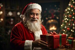 sonriente Papa Noel claus o Santo nicholas con regalo caja en fiesta antecedentes. alegre Navidad y contento nuevo año. ai generativo foto