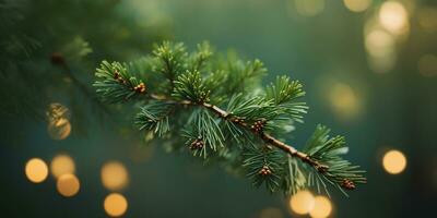 Pine twig bokeh background. Christmas and New Year celebration. Place for your text. AI generative photo