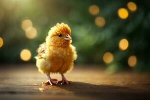 Little yellow baby chick on blurred bokeh background. Concept happy easter day. AI generative photo