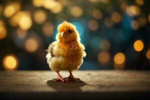 Little yellow baby chick on blurred bokeh background. Concept happy easter day. AI generative photo