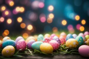 Colorful Easter eggs on a wooden table with bokeh background. AI generative photo