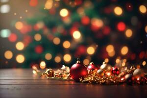 Table with christmas decorations on defocused bokeh background. Christmas and New Year celebration. Place for your text. AI generative photo