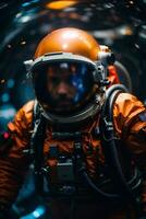 astronauta astronauta en exterior espacio. cerca arriba. Ciencias ficción tema. ai generativo foto