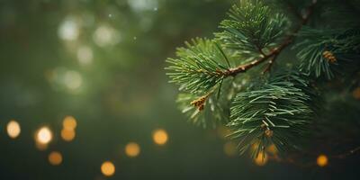 Pine twig bokeh background. Christmas and New Year celebration. Place for your text. AI generative photo