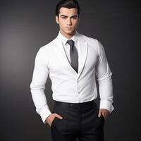 Free Young Men and Baby Fashion Posing in winter Dress Shirt or Pants Elegant, Generative AI photo