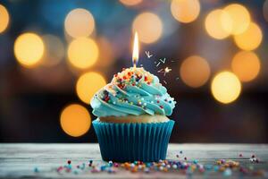 Photo birthday cupcake with candel celebration sprinkles for a birthday party generative ai