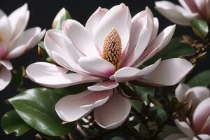 Magnolia flower on dark background, close up. Floral background. AI generative photo