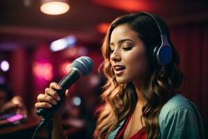 hermosa joven mujer canto dentro un micrófono en un Club nocturno. karaoke cantante. música concepto. ai generativo foto