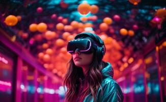 Young woman wearing virtual reality goggles in the neon colored night city. Future technology concept. AI generative photo