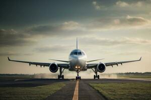 Airplane taking off from the airport runway. Concept of travel. AI generative photo