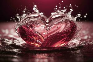 corazón hecho de agua salpicaduras y gotas en rojo antecedentes. amor concepto. San Valentín día. ai generativo foto