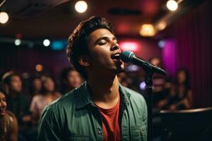 Beautiful young man singing into a microphone in a nightclub. Karaoke Singer. Music concept. AI GENERATIVE photo