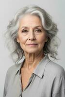 Beautiful senior woman with grey hair isolated on grey background. Healthy face skin care beauty, skincare cosmetics. AI generative photo