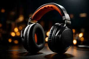 Headphones on dark background with bokeh lights. Music concept. AI GENERATIVE photo
