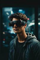 joven hombre vistiendo virtual realidad lentes en un ciudad calle. tecnología concepto. ai generativo foto