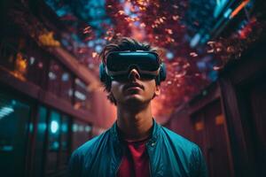 Young man wearing virtual reality glasses in a city street. Technology concept. AI generative photo