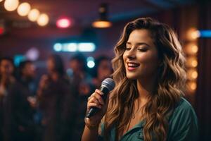 hermosa joven mujer canto dentro un micrófono en un Club nocturno. karaoke cantante. música concepto. ai generativo foto