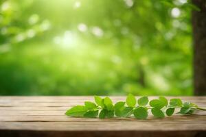 Fresh green leaves on wooden table in front of blurred nature background. Can be used for display or montage. AI generative photo